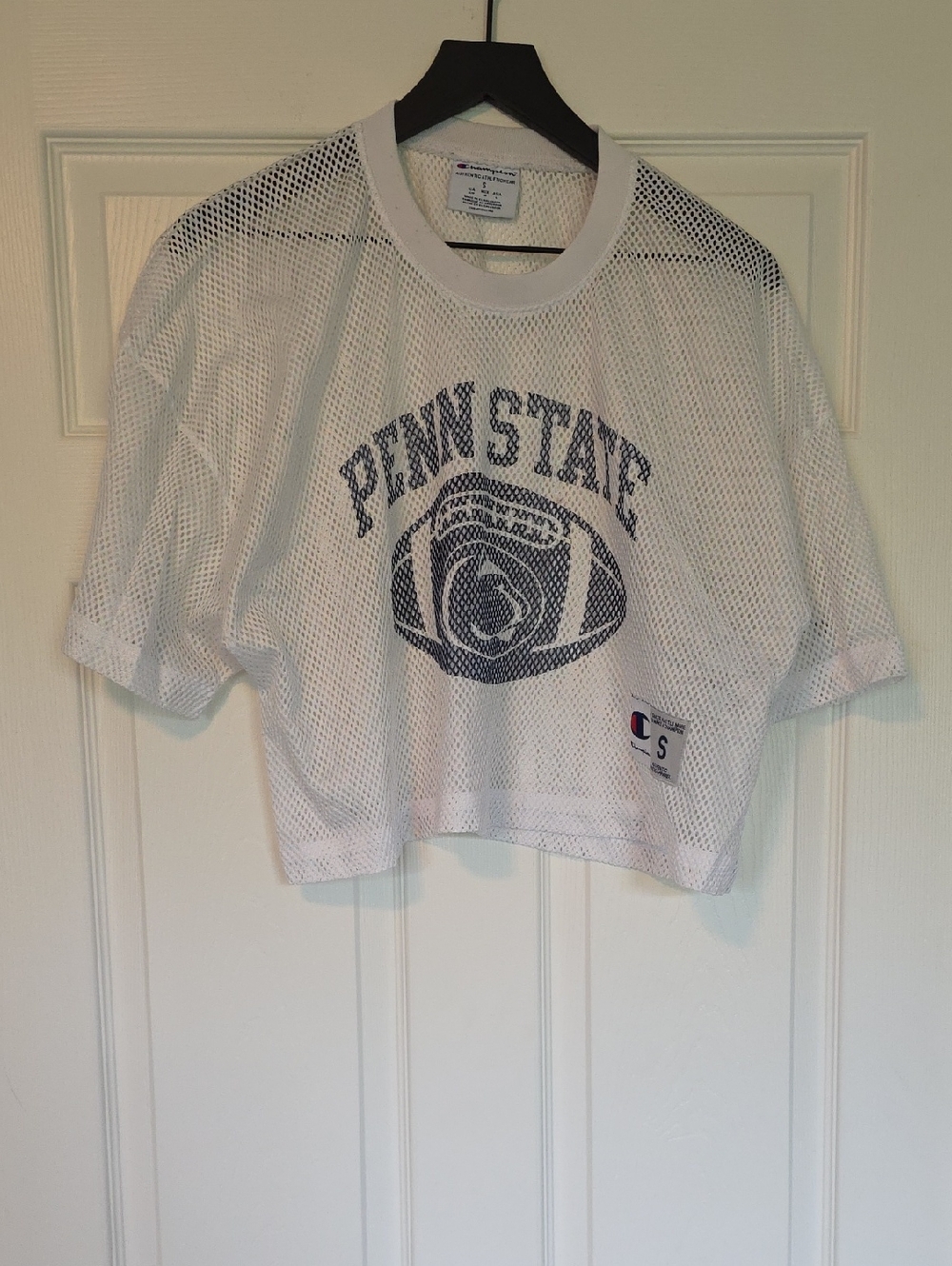 Champion White Mesh Penn State Cropped Football Top with Navy Graphic